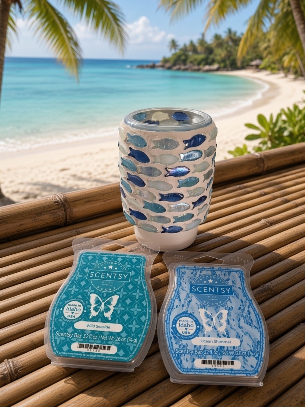 NWT Scentsy Fish in the Sea Mosaic Ceramic Mini Warmer. Bonus 2 Wax Seaside Bars